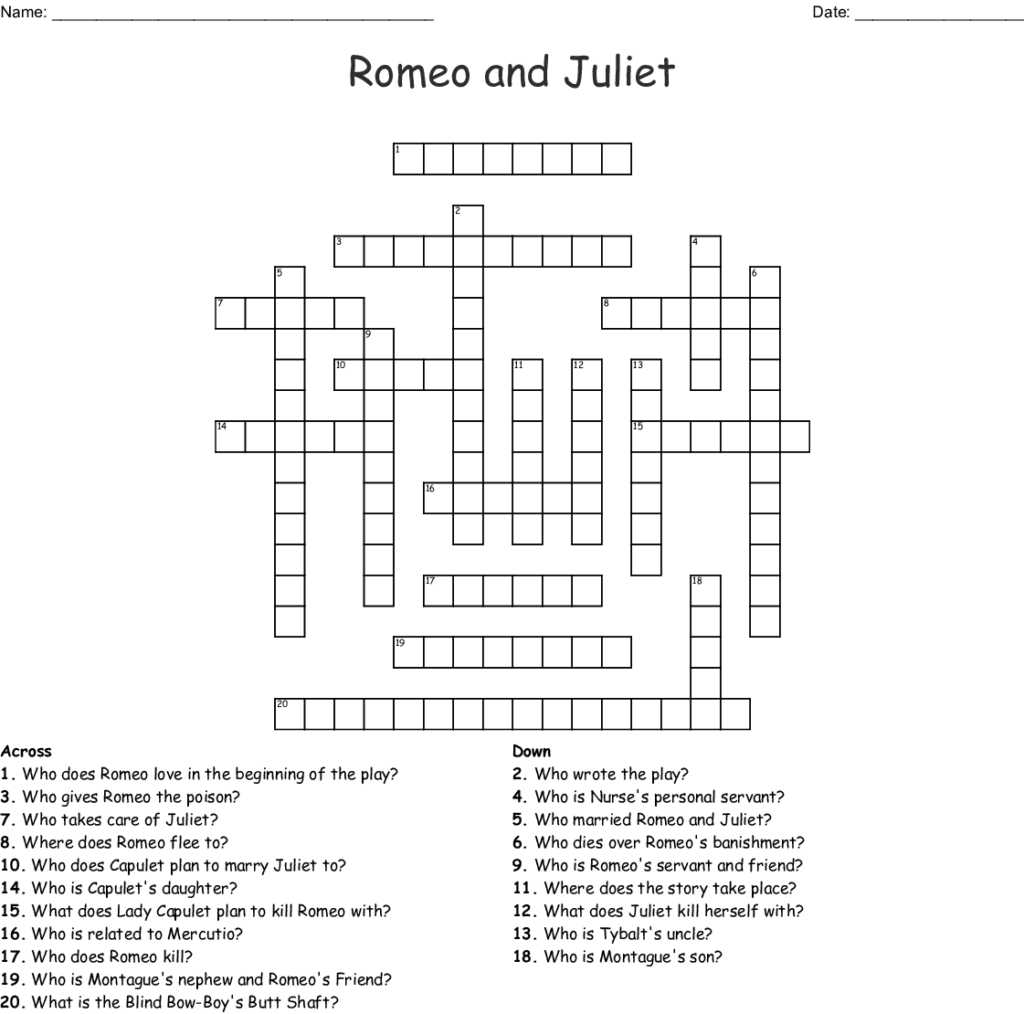 Romeo And Juliet Crossword Puzzles Classroom Activities