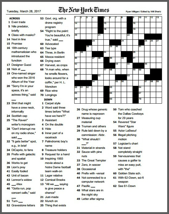 New York Times Crossword Printable Free 2019