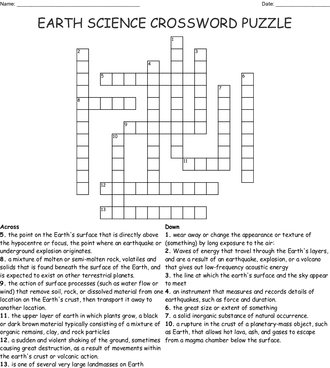 Earth Science Crossword Puzzle Printable