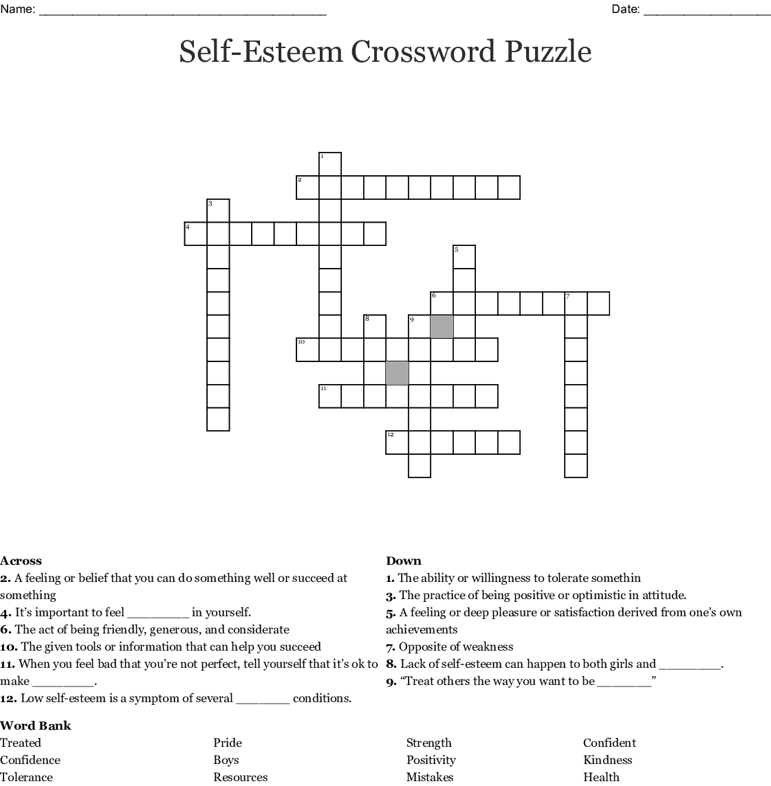 Self Esteem Crossword Puzzle Printable