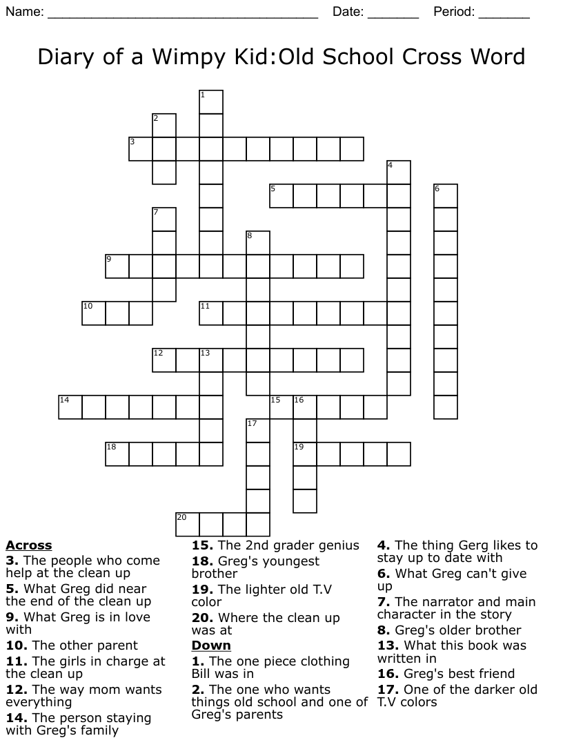 Diary Of A Wimpy Kid Printable Crossword Puzzle