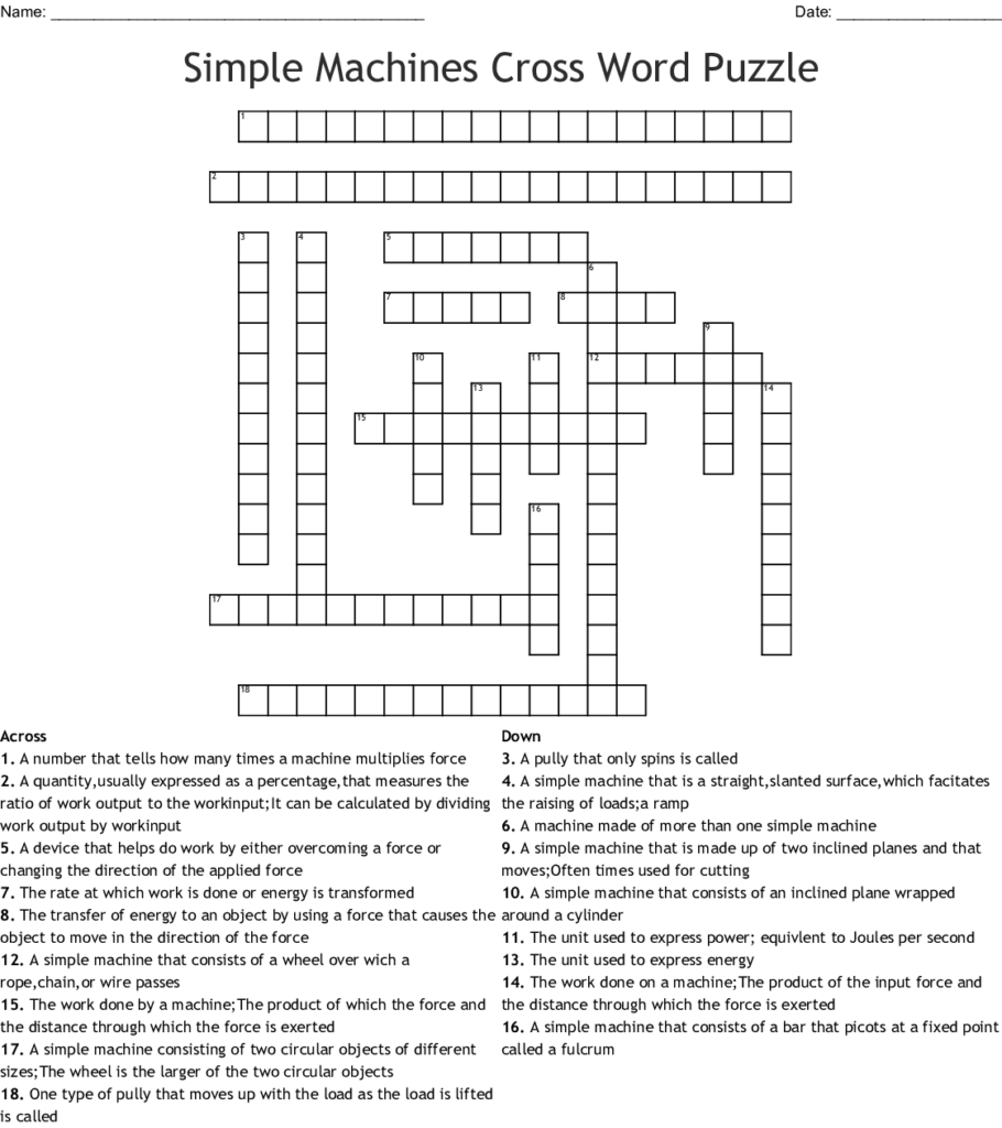 Simple Machines Crossword Puzzle Worksheet Answers