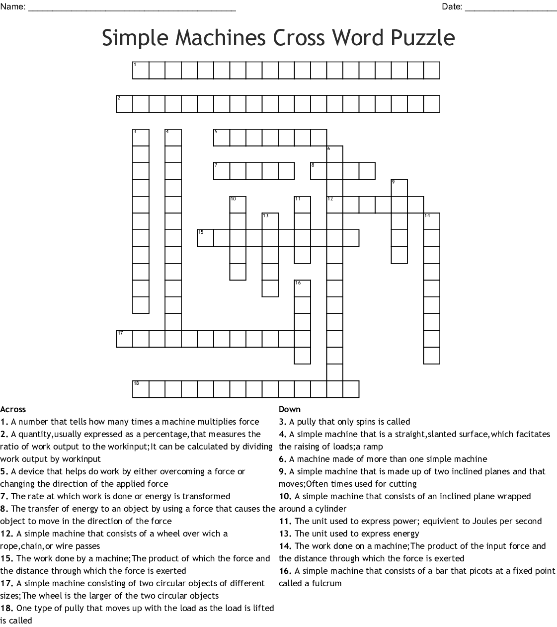 Simple Machines Crossword Puzzle Printable