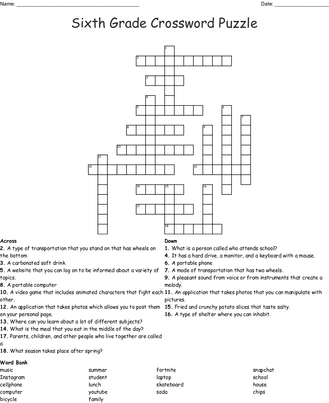 Grade 6 Crossword Puzzles Printable