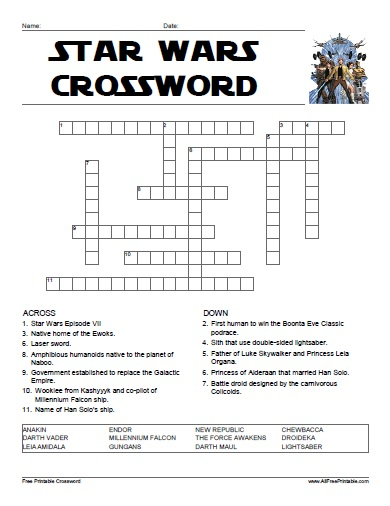 Star Wars Crossword Printable