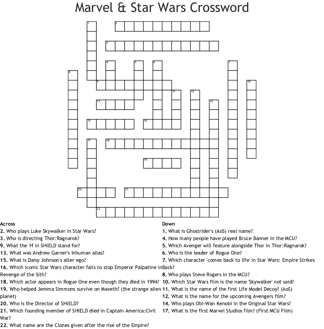 Star Wars Crossword Puzzle Printable