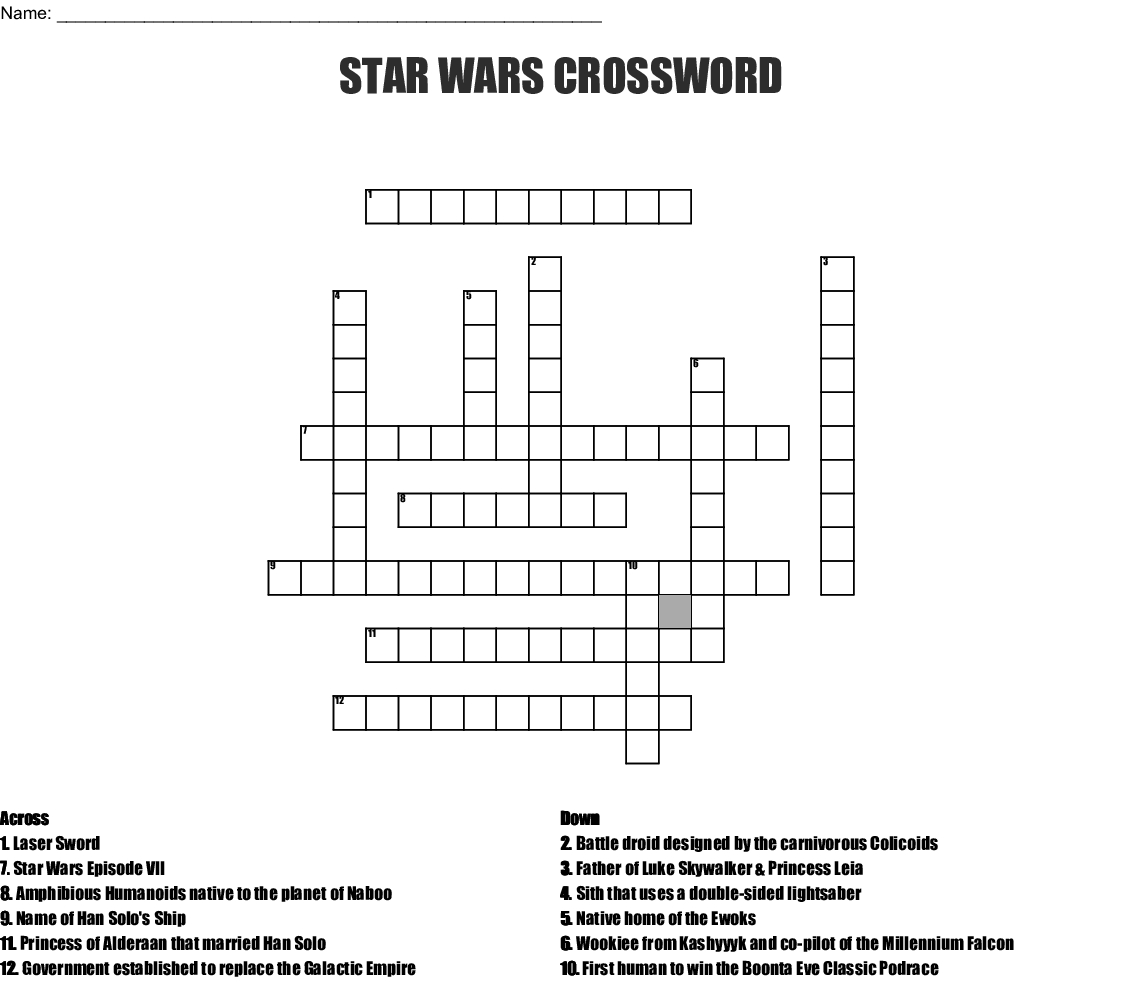 Star Wars Crossword Puzzle Printable