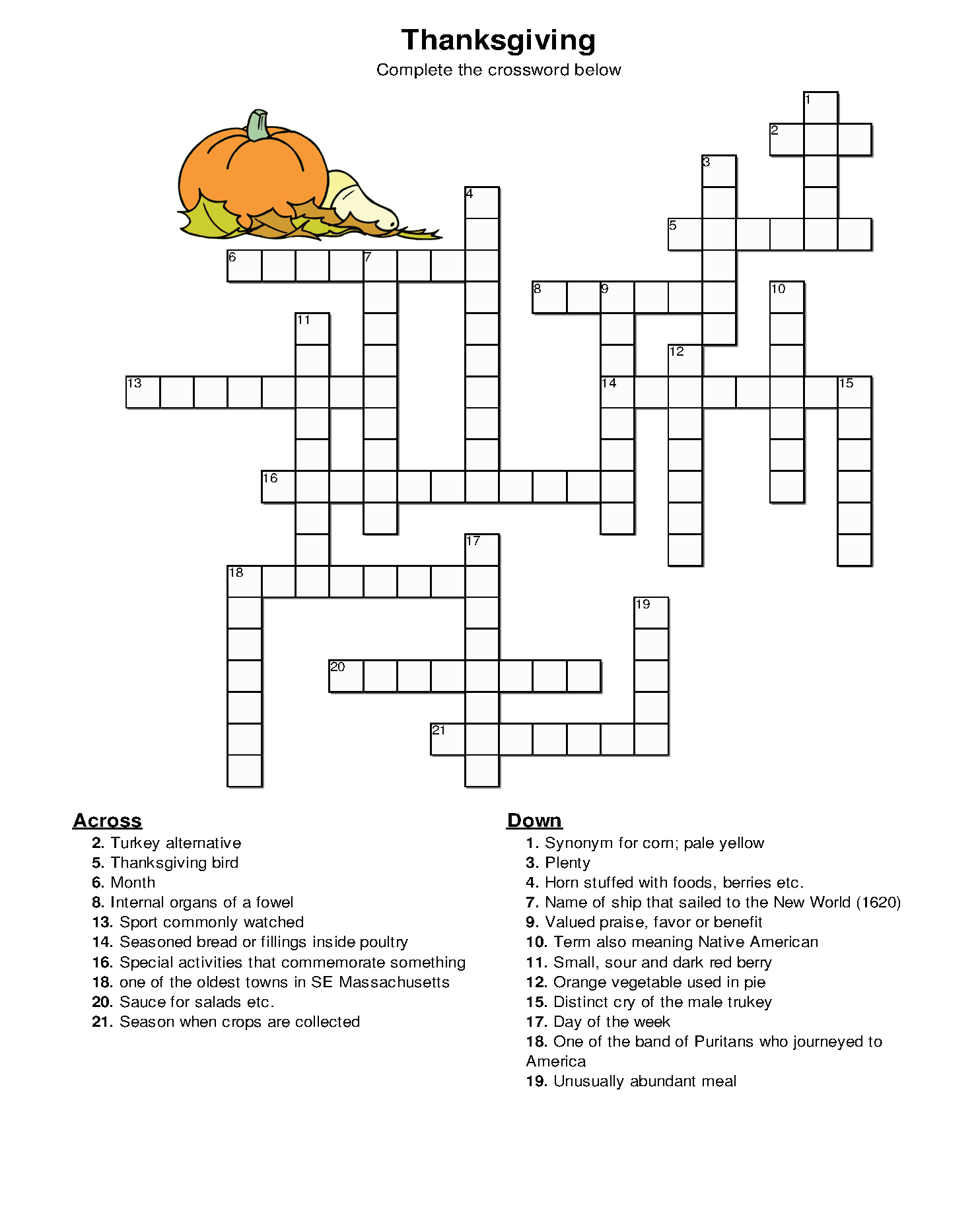 Easy Thanksgiving Crossword Puzzle Printable