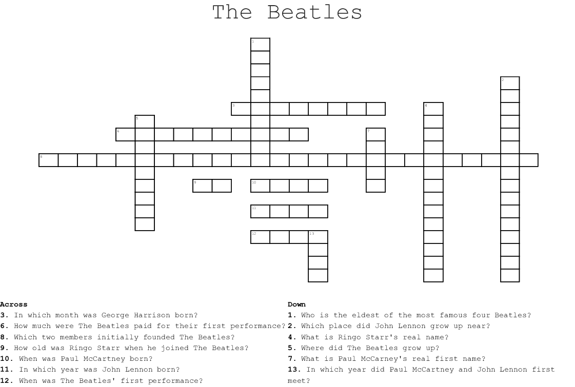 Beatles Crossword Puzzles Printable