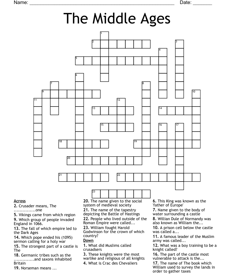 Middle Ages Crossword Puzzle Printable