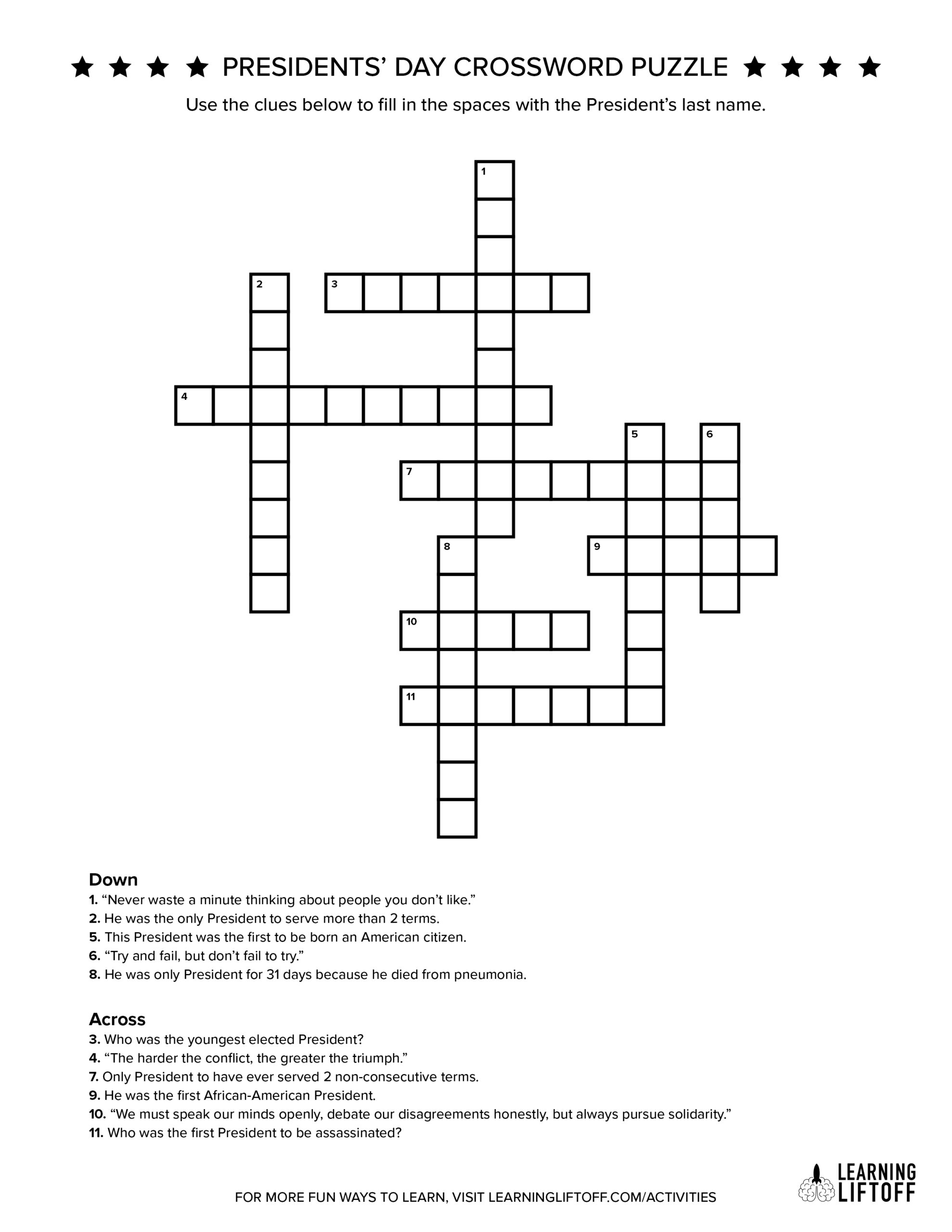Presidents Day Crossword Puzzle Printable