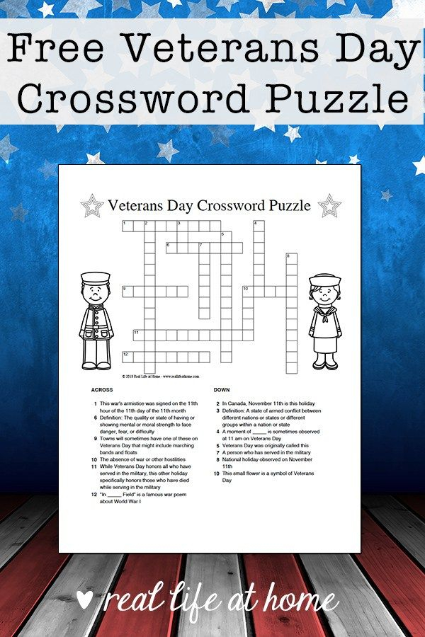 Veterans Day Crossword Puzzle Free Printable For Kids