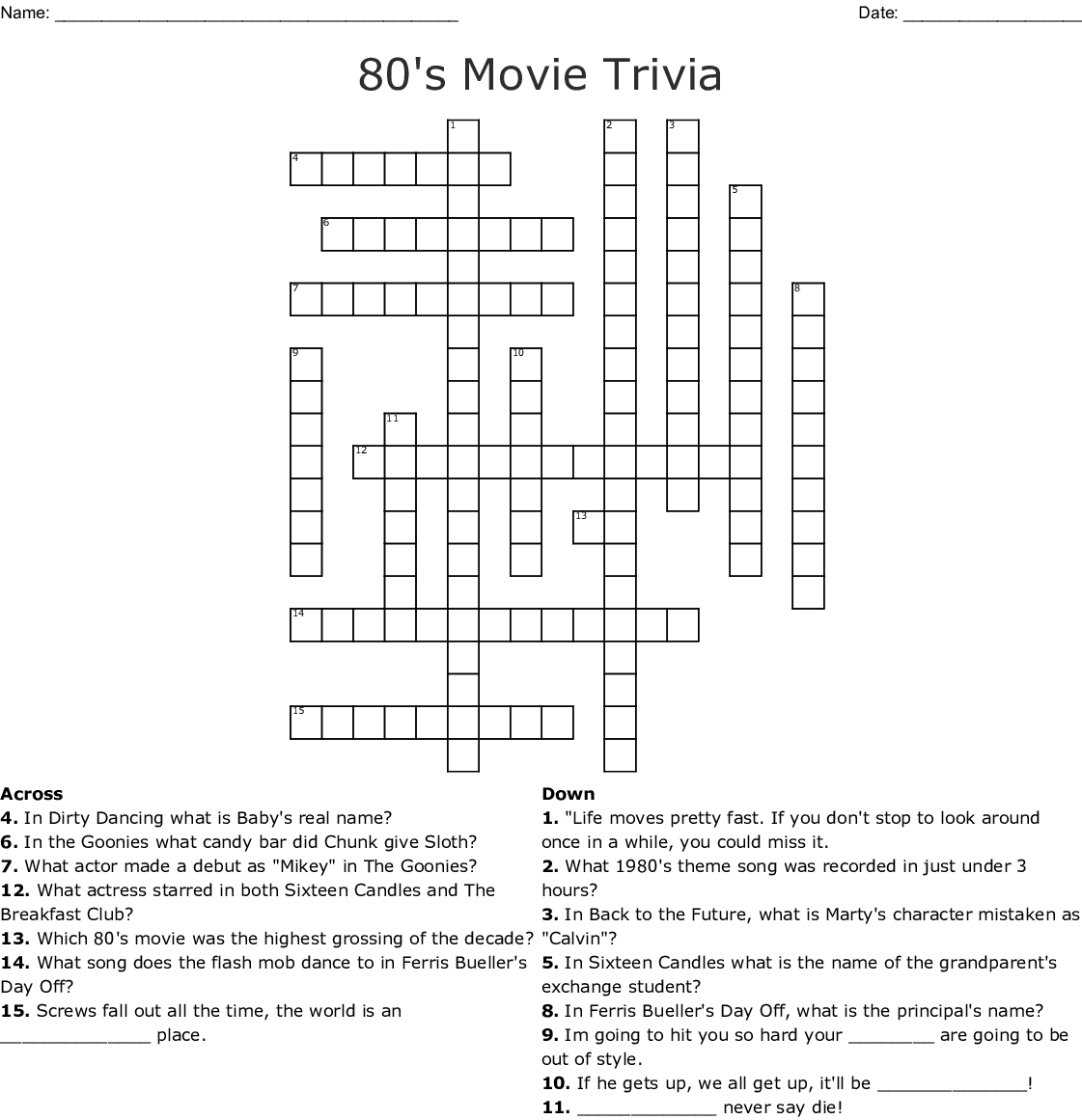 Printable Movie Trivia Crossword Puzzles