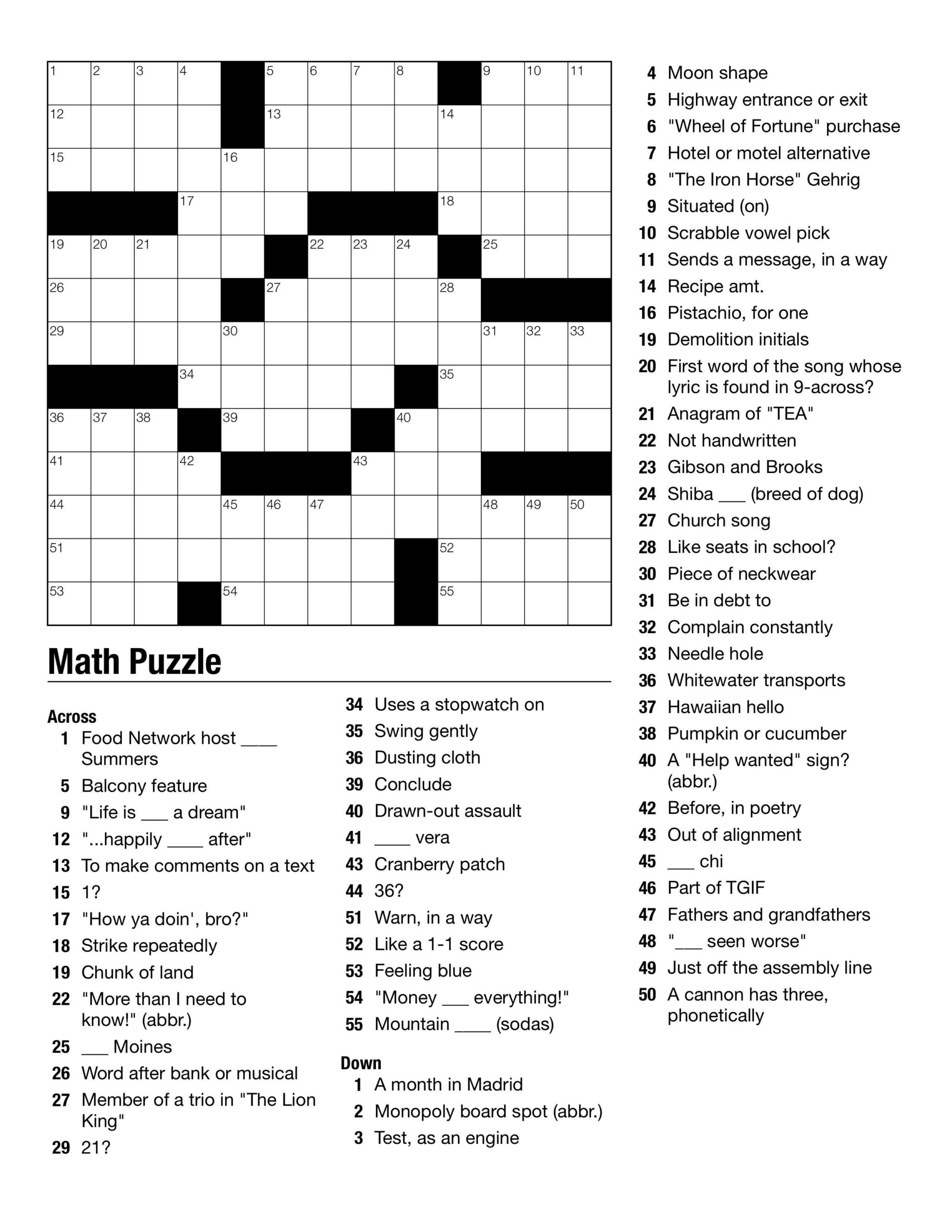 Algebra Crossword Puzzle Printable