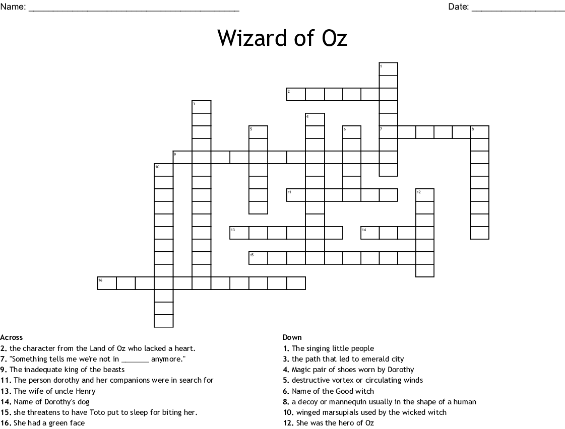 Wizard Of Oz Crossword Puzzle Printable