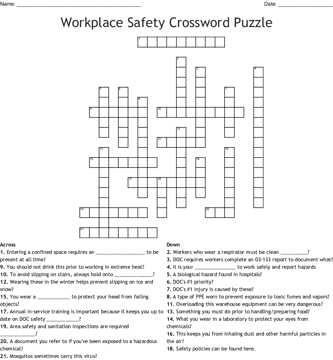 Workplace Safety Crossword Puzzles Printable