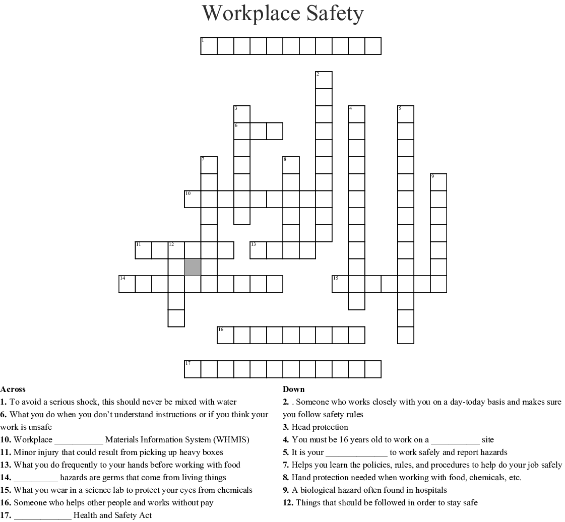 Workplace Safety Crossword Puzzles Printable