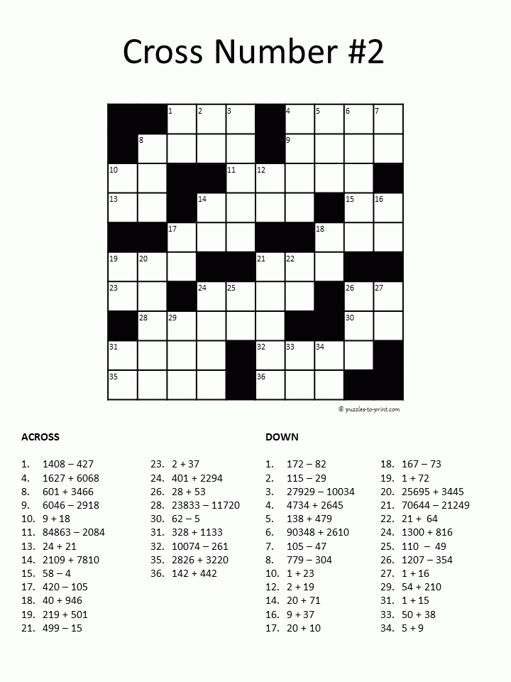 Crossword Puzzle Math Printable