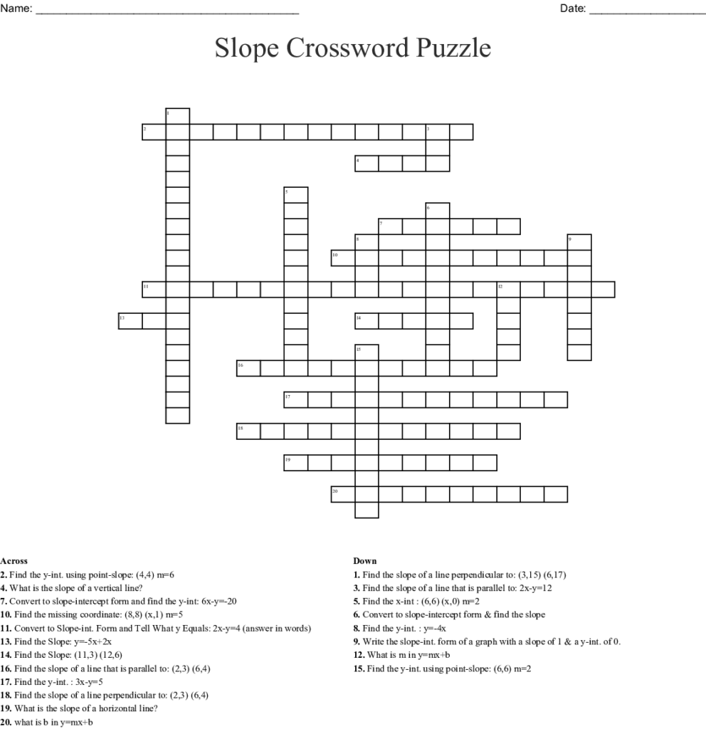 A 20 Question Printable Slope Crossword Puzzle With Answer