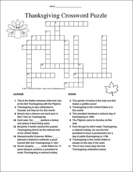 Thanksgiving Crossword Puzzle Printable High School