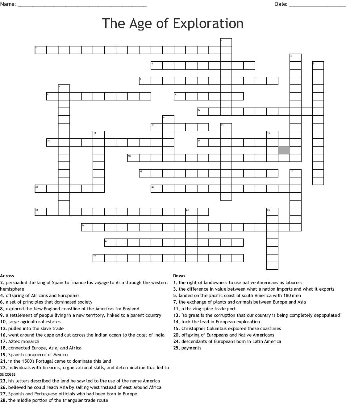 Free Printable European Explorers Crossword Puzzle