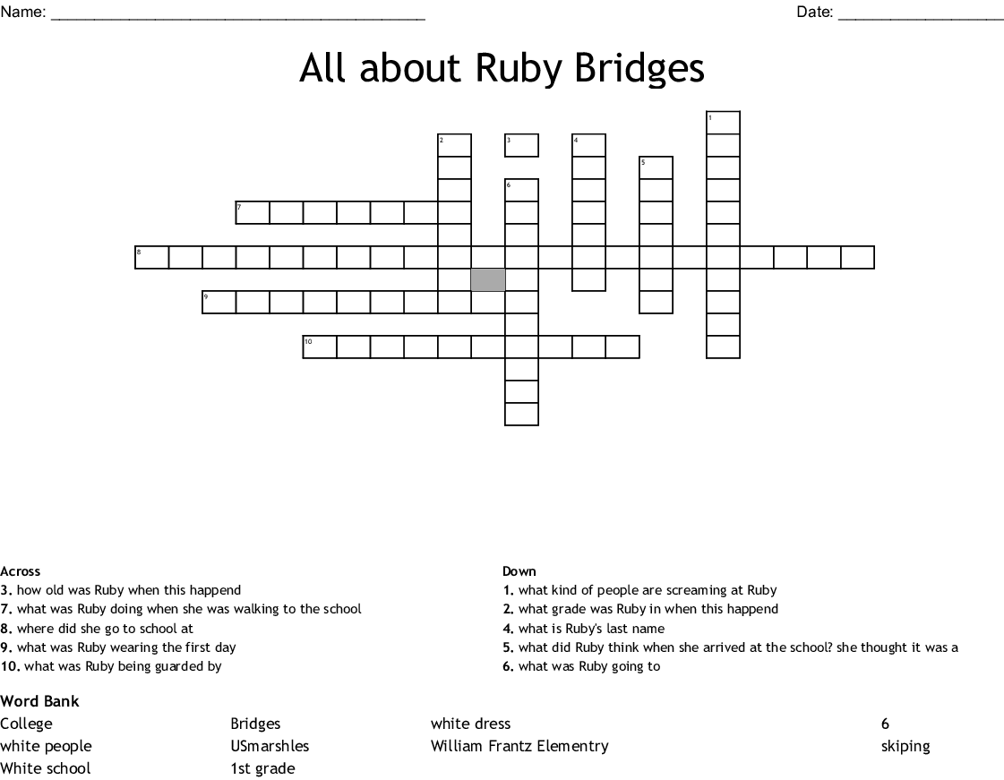 Ruby Bridges Extensions Crossword Puzzle Printable