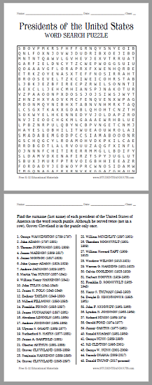 American Presidents Word Search Puzzle Student Handouts