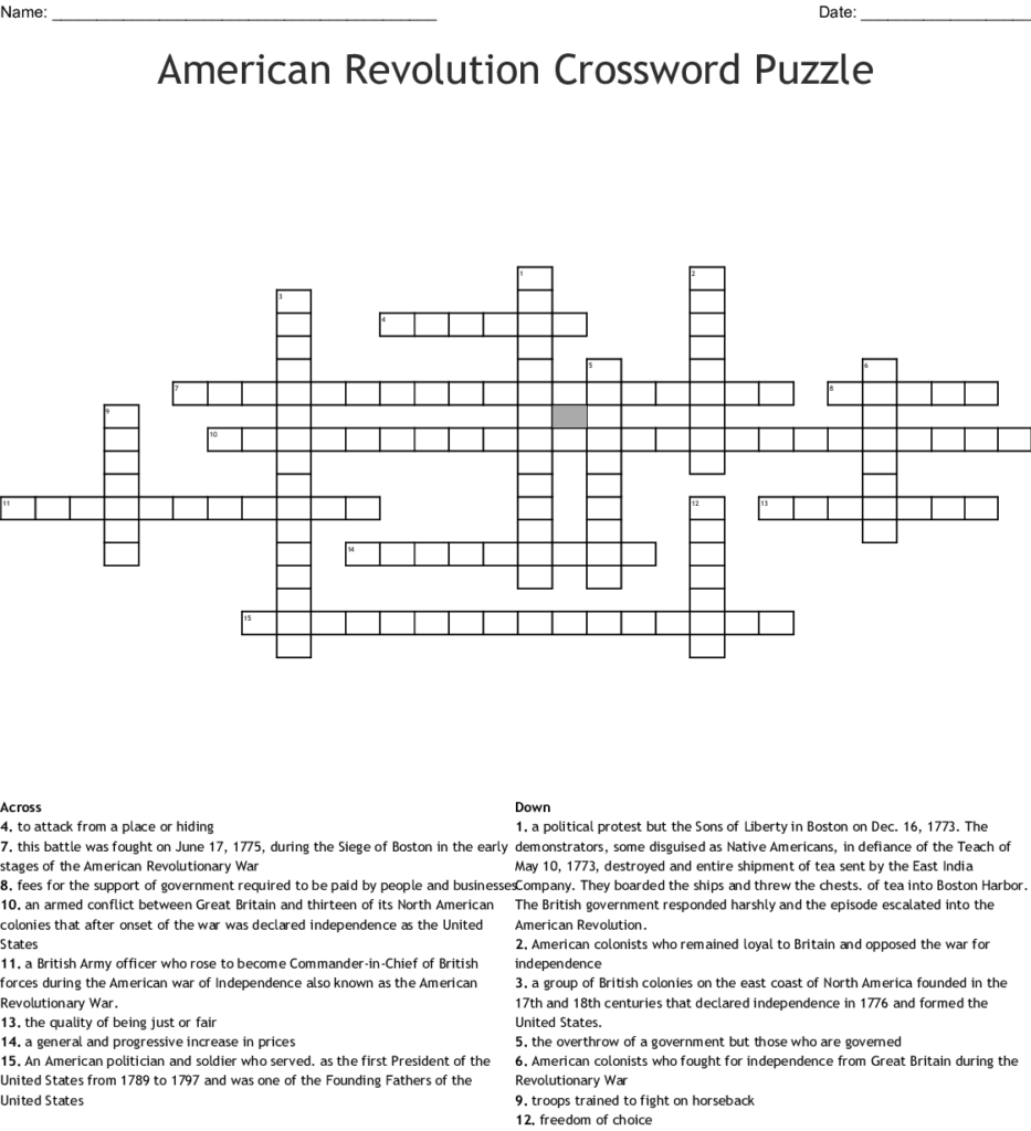 American Revolution Crossword Puzzle WordMint