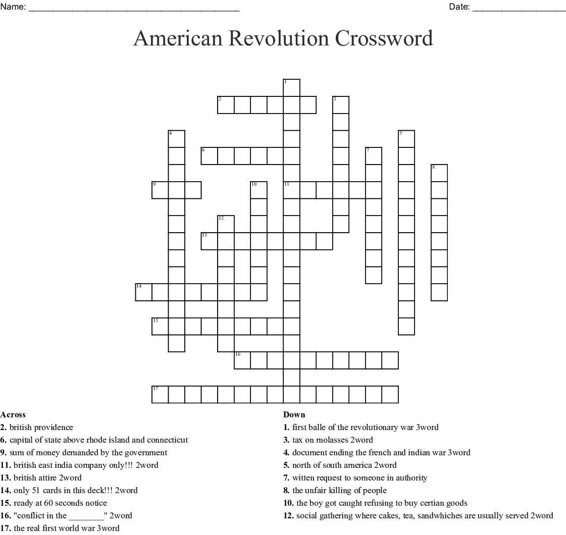 Crossword Puzzle Printable For Kids American Revolution Answers