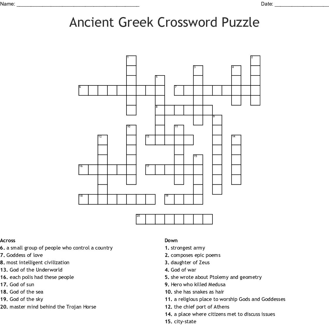 Printable Ancient Greece Crossword Puzzle