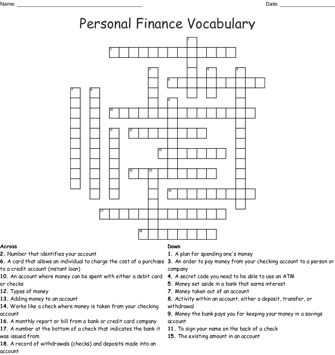 Printable Banking Terms Crossword Puzzle