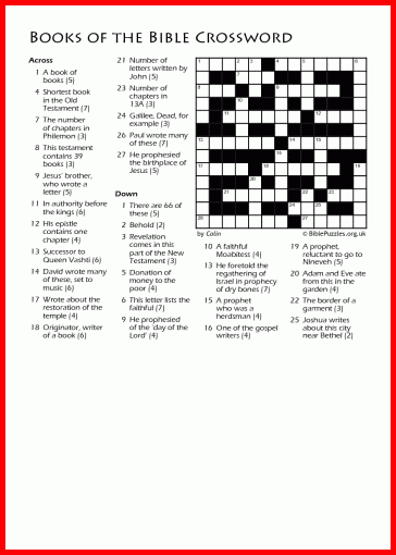 Printable Bible Crossword Puzzles Book Sof The Bible
