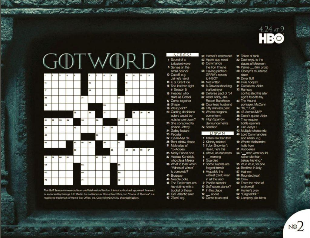 Game Of Thrones Crossword Puzzles Printable