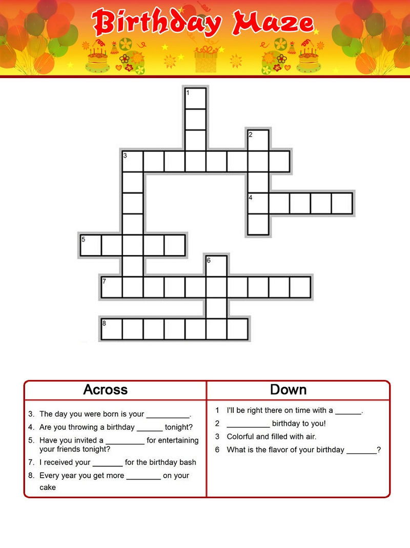 Free Printable Birthday Crossword Puzzles Adult
