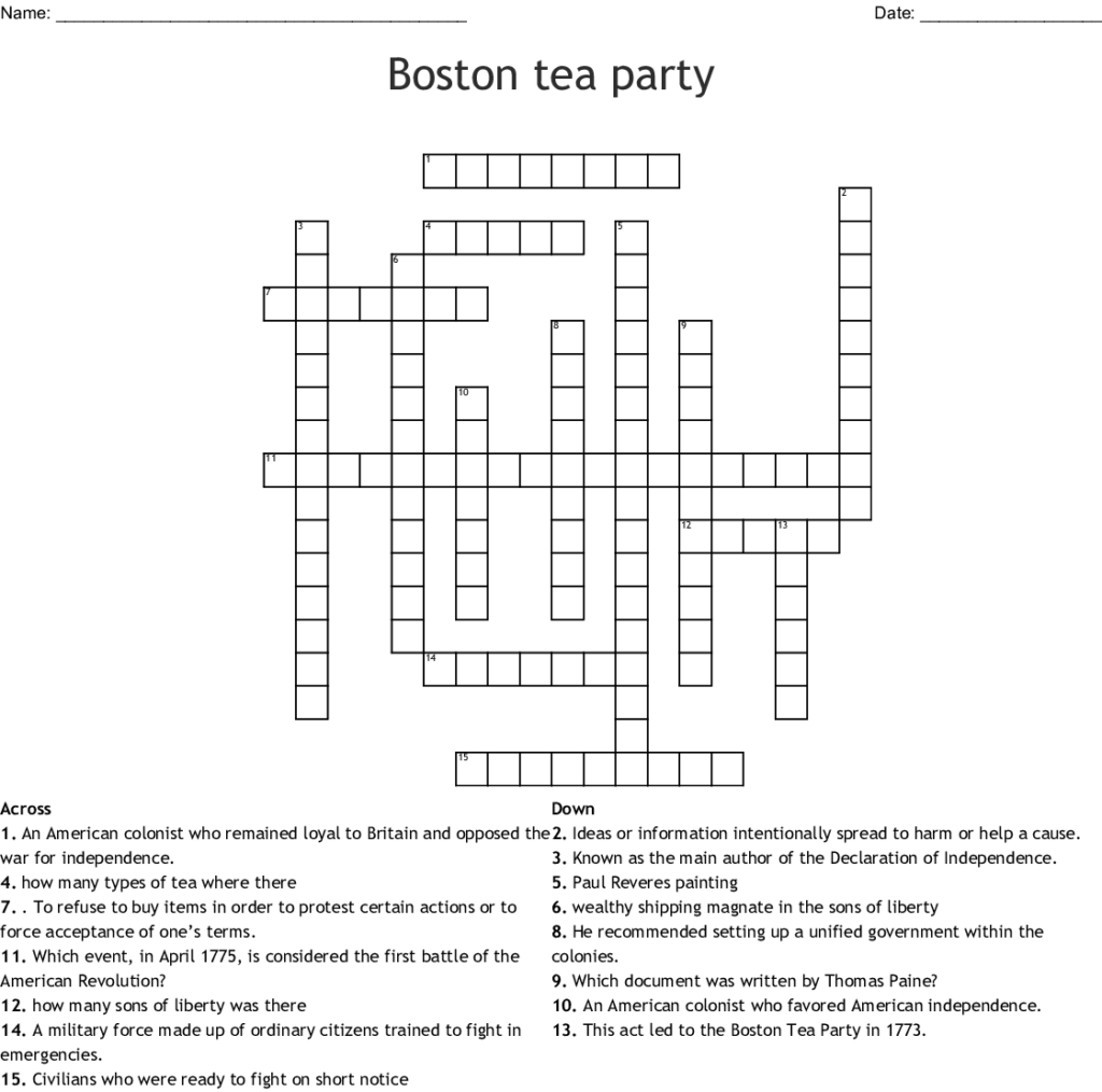 Boston Tea Party Crossword WordMint
