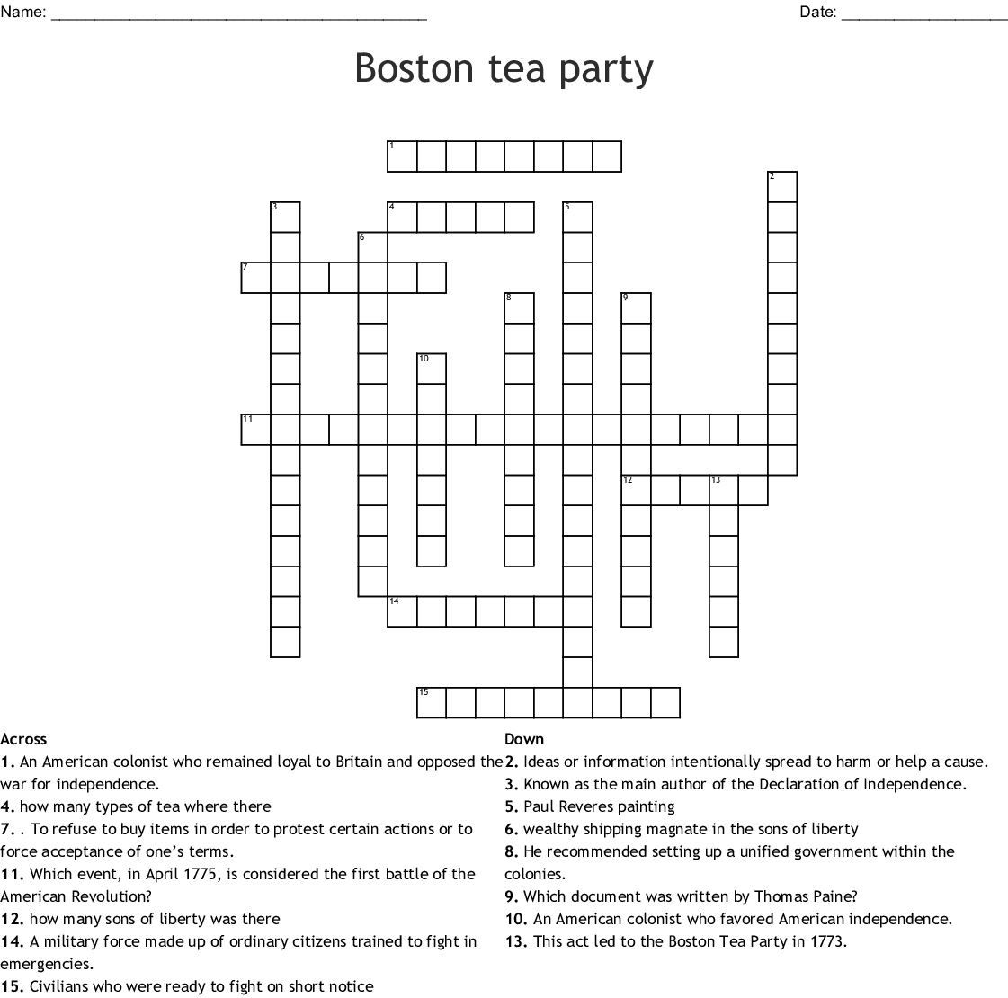 Boston Tea Party Crossword Puzzle Printable