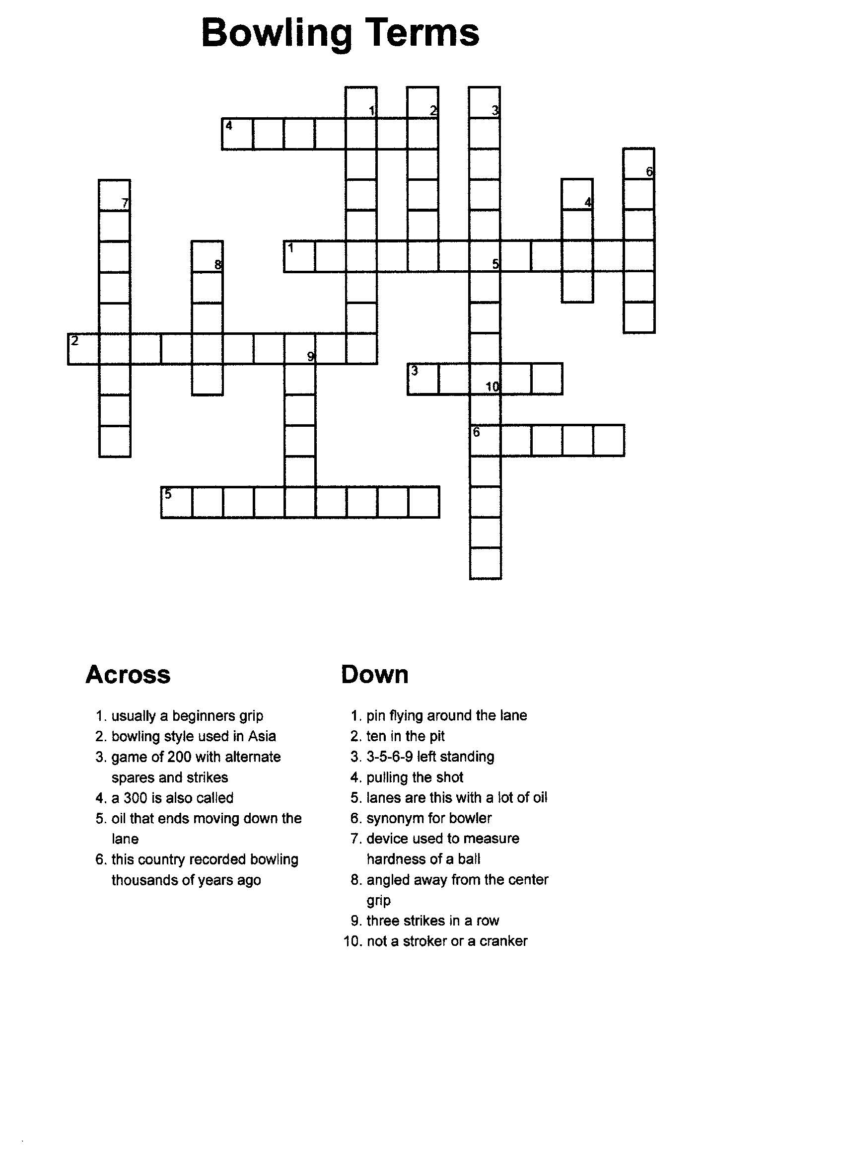 Bowling Crossword Puzzle Printable