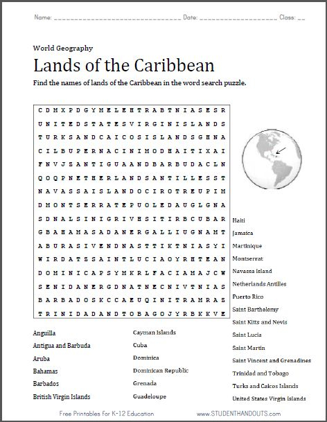 Caribbean Lands Word Search Puzzle Free To Print PDF