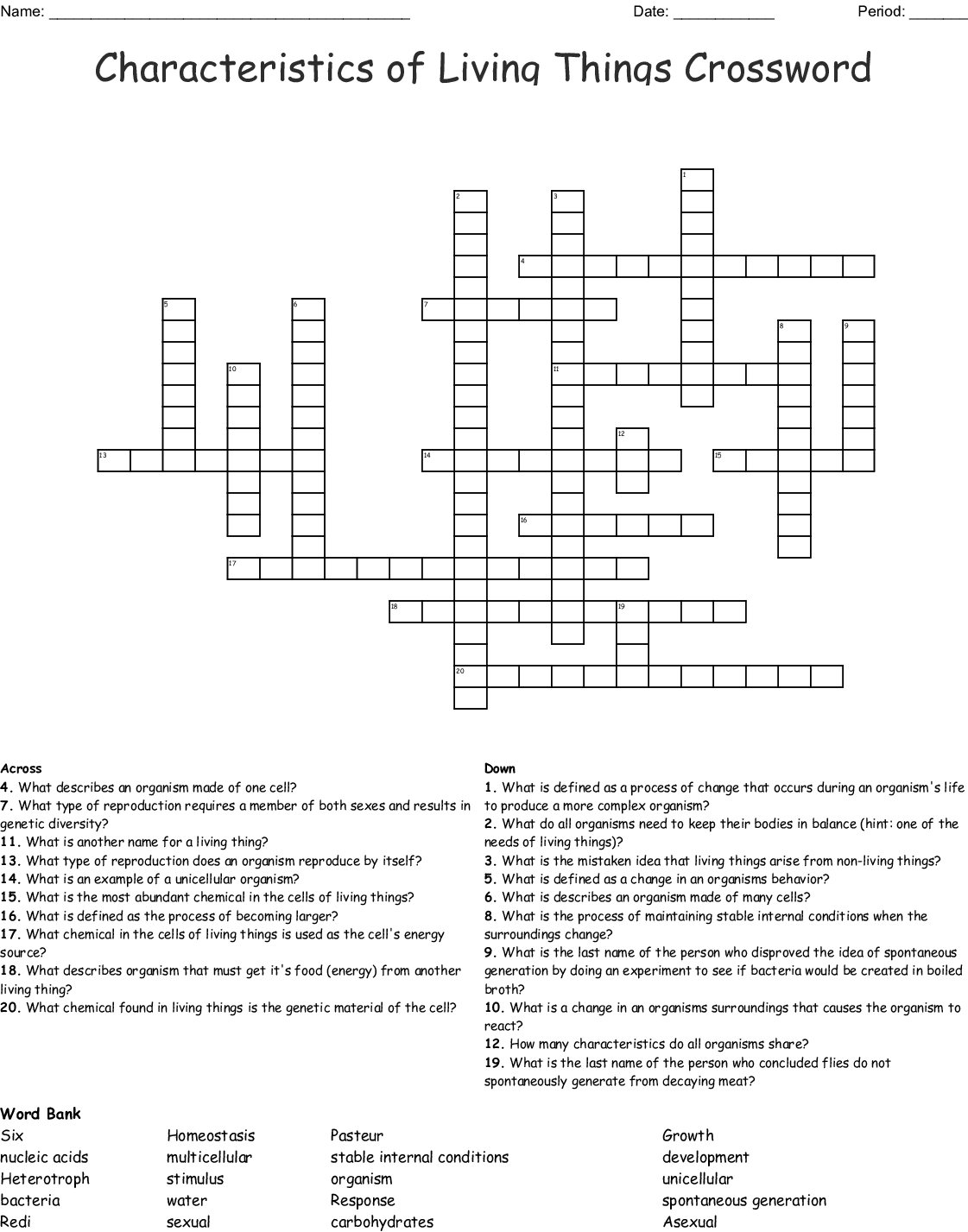 Classification Of Living Things Printable Crossword Puzzle Answers
