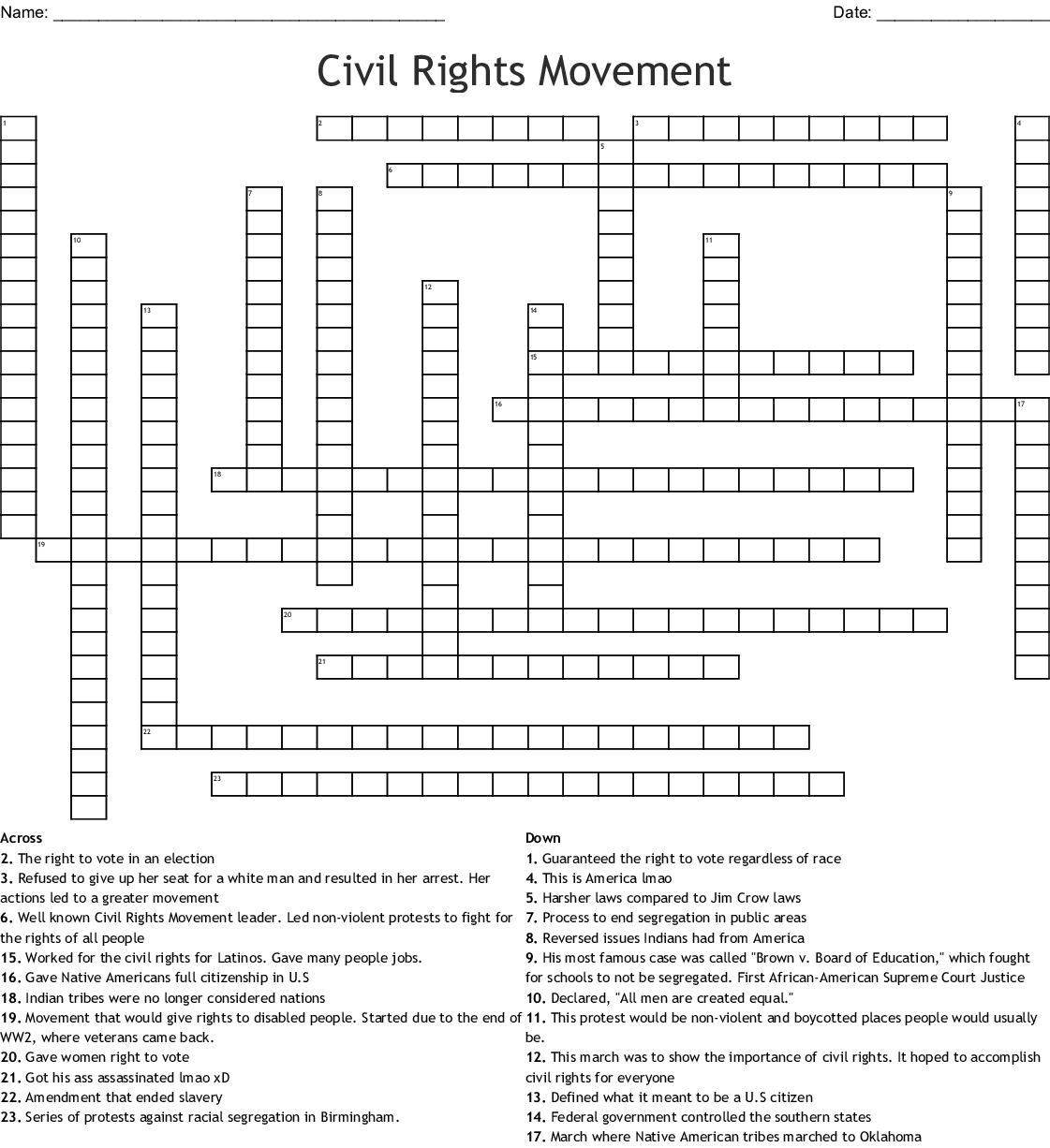 Civil Rights Printable Crossword Puzzle