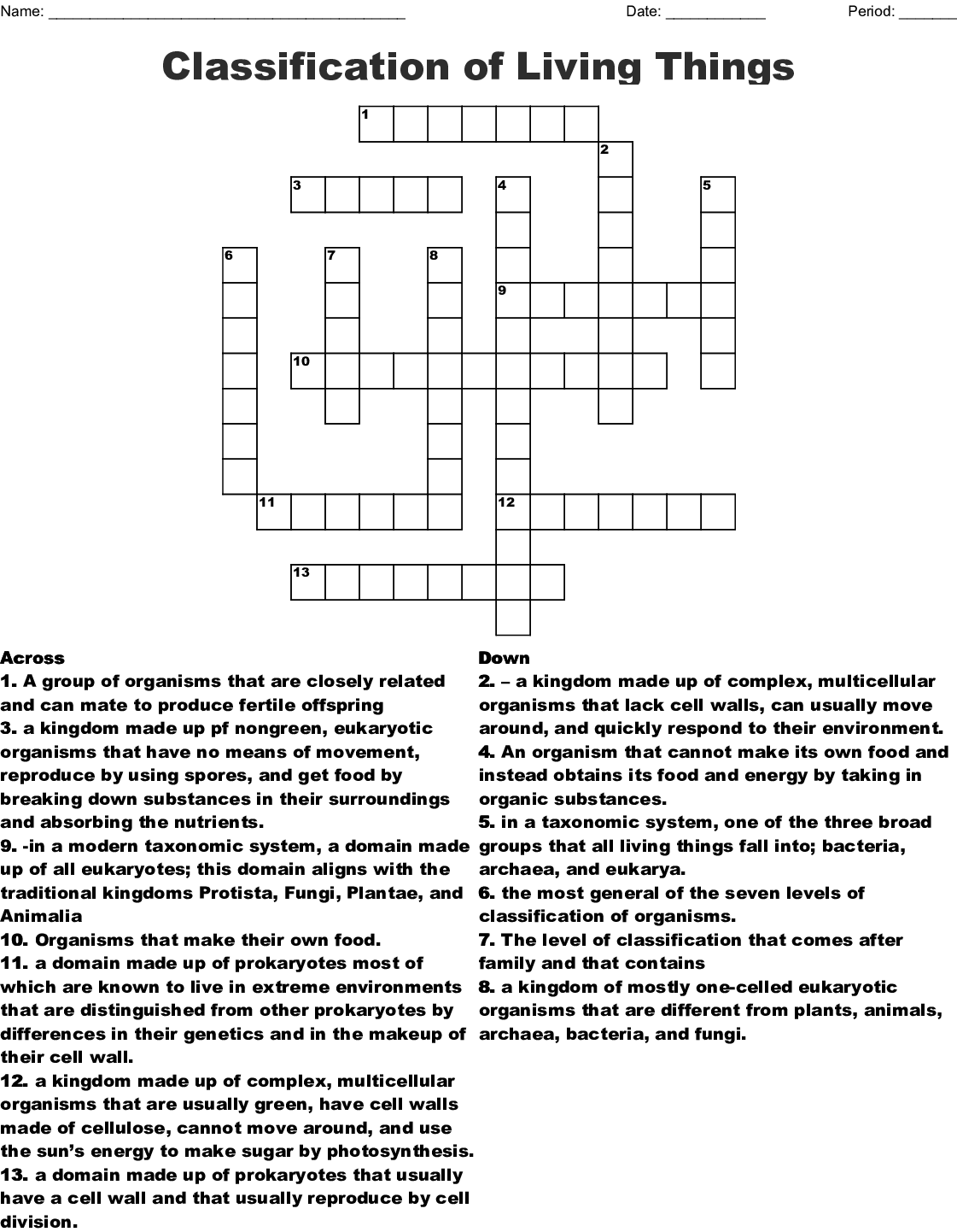 Classification Of Living Things Printable Crossword Puzzle Answers