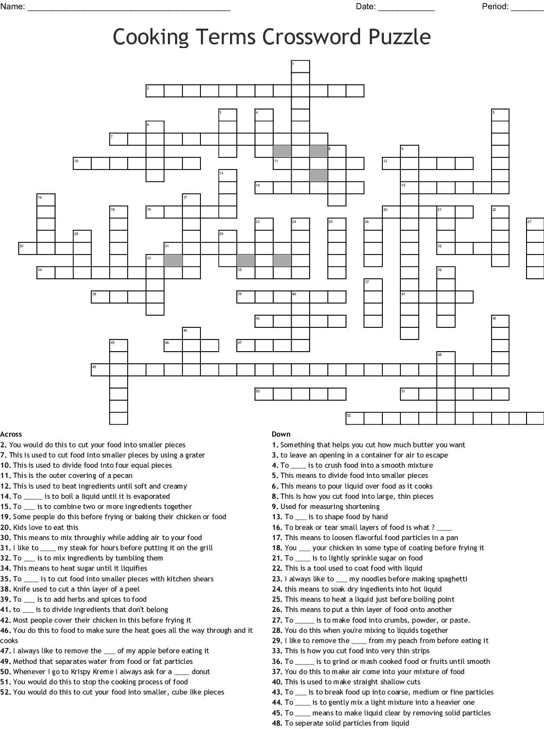Cooking Terms Crossword Puzzle Printable
