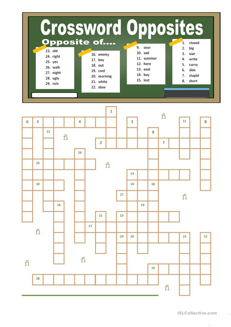 Printable Opposites Crossword Puzzle
