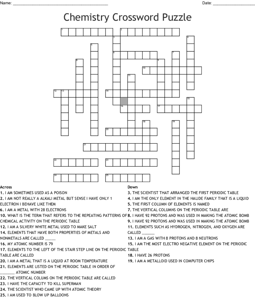 Crossword Puzzle Chemistry Printable Printable Crossword