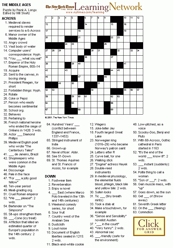 Printable Middle Ages Crossword Puzzle