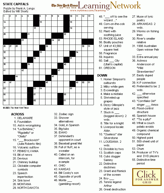 State Capitals Crossword Puzzle Printable