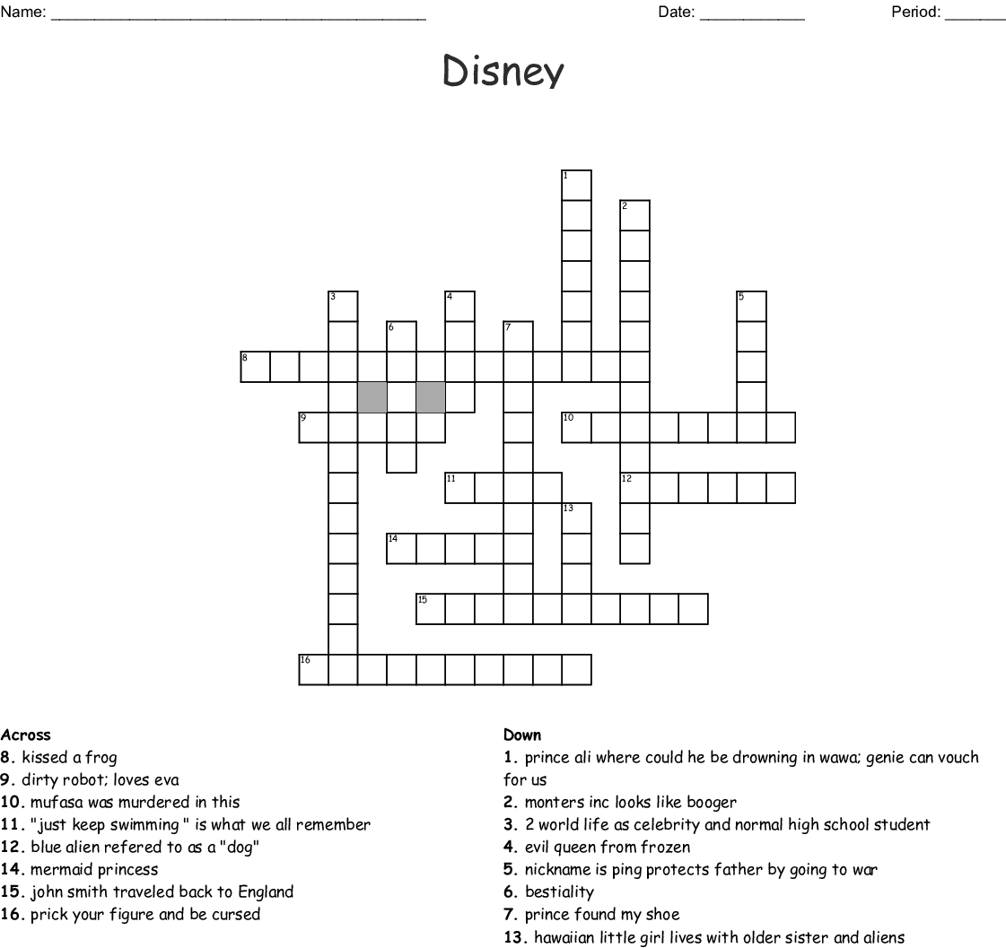 Disney Themed Crossword Puzzles Printable