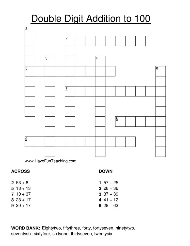 Addition Subtraction Crossword Puzzles Printable