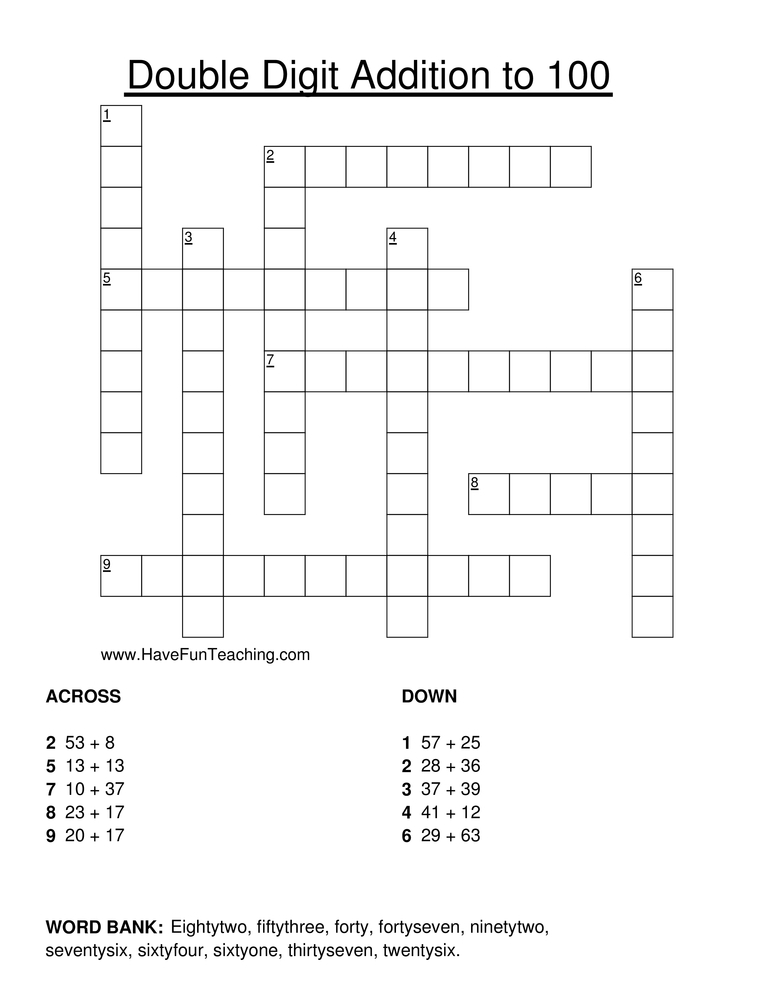 Addition Crossword Puzzles Printable