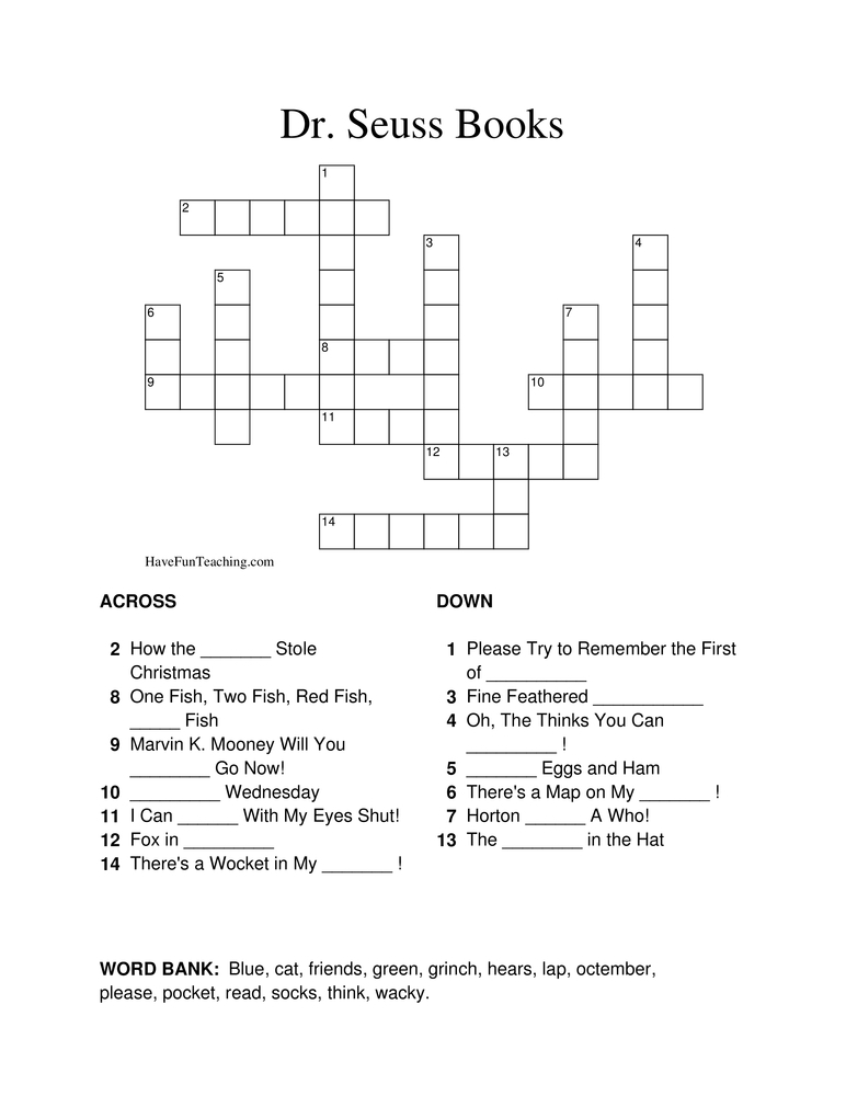 Dr Seuss Crossword Puzzle Free Printable